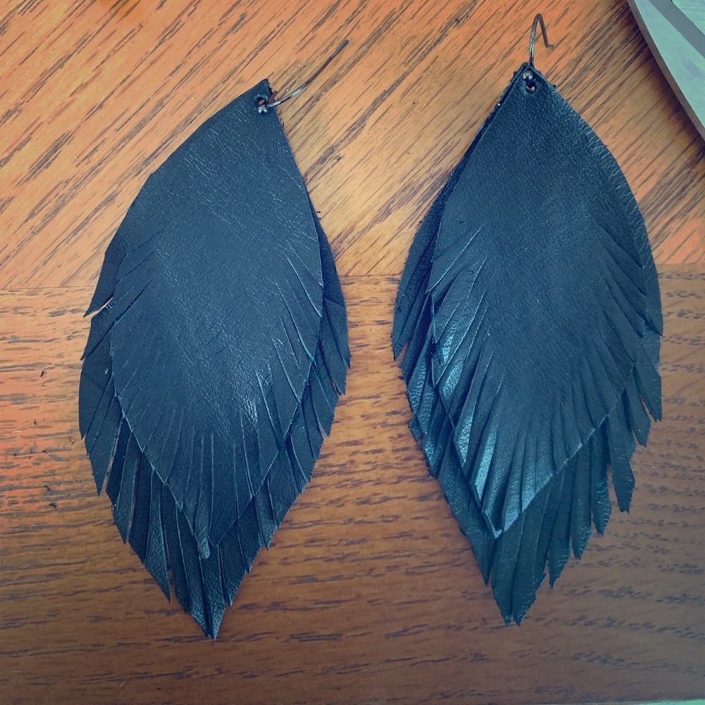 Handmade Leather feather earrings - double stacked